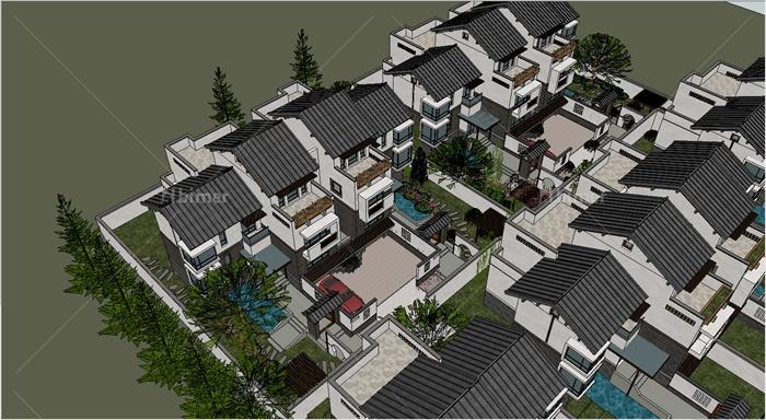 某中式别墅区区建筑设计SU模型（带景观）[原创]