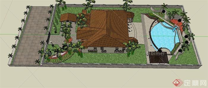 美式独栋别墅建筑设计su模型（含庭院花园）[原创