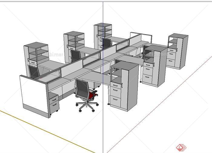 现代风格办公室内桌椅、柜子设计su模型[原创]