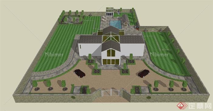 某现代十字形住宅建筑庭院景观设计SU模型