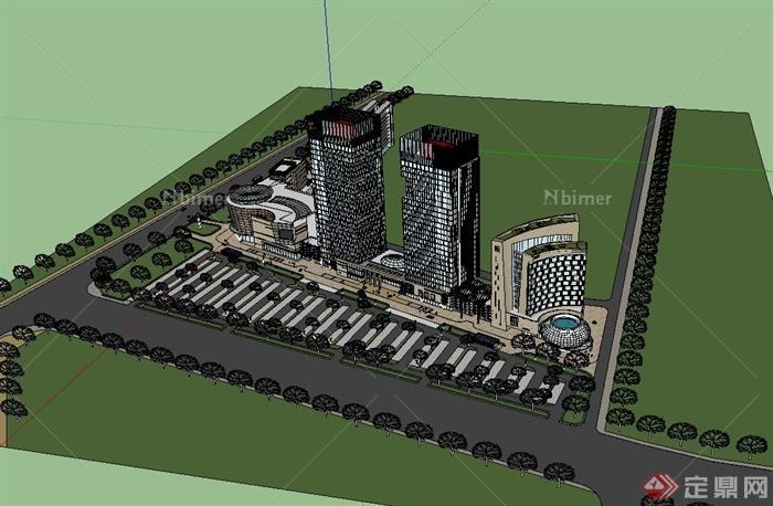 现代精致城市综合楼建筑设计su模型含景观