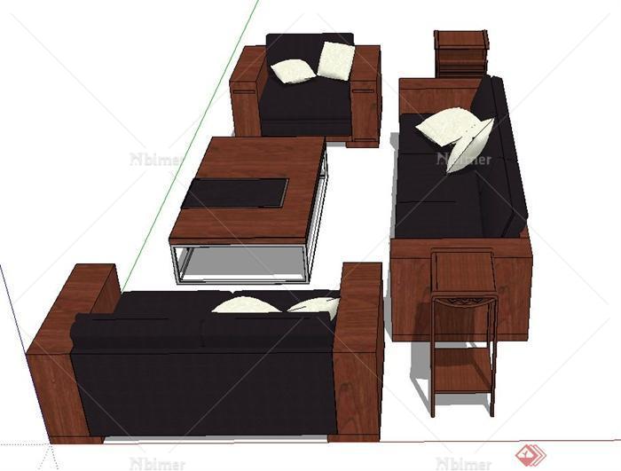 中式木质沙发、茶几设计SU模型