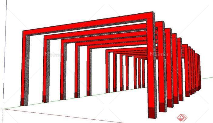 某现代n形状红色廊架设计su模型