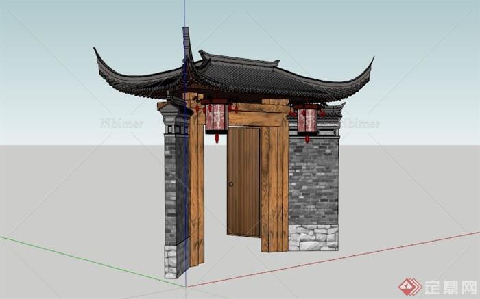 古典中式住宅大门设计SU模型素材