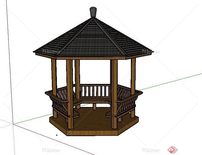 某古典中式木制六角亭设计SU模型