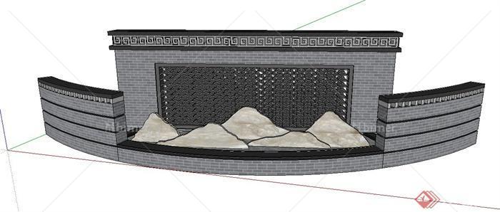 中式园林景观弧形青砖镂空景墙设计SU模型