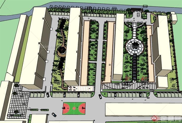 某并排住宅楼中央广场景观设计SU模型