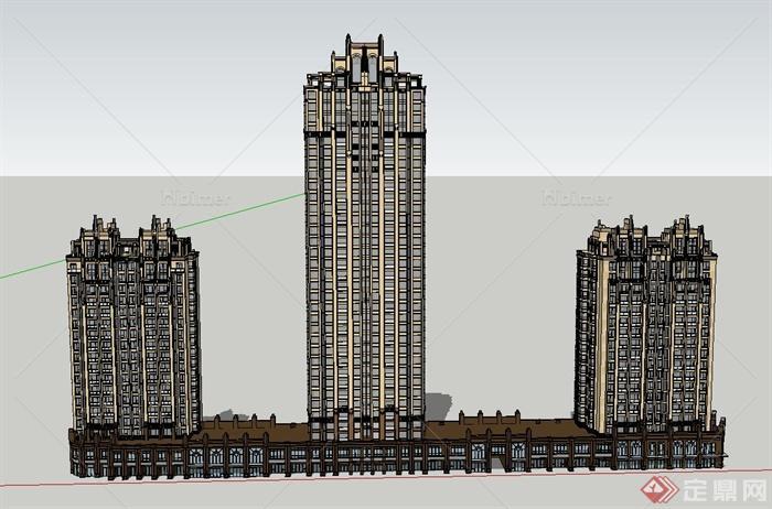 某三栋高层新古典住宅小区商住房建筑设计SU模型