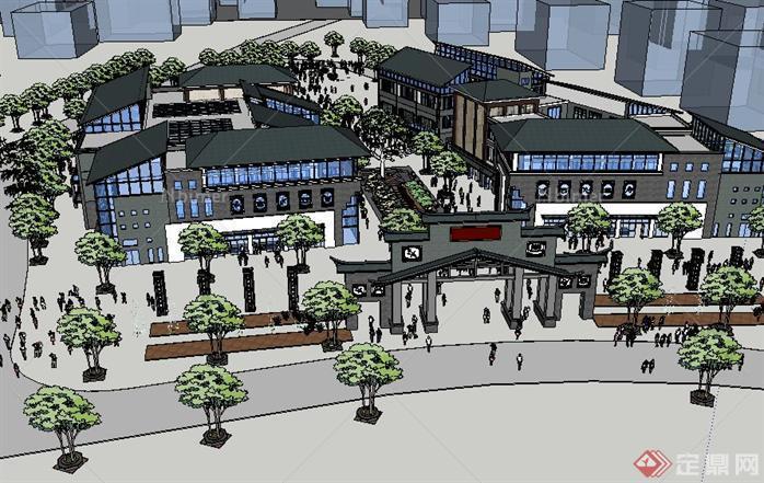 一个新中式商业步行街区建筑方案SU精致设计模型