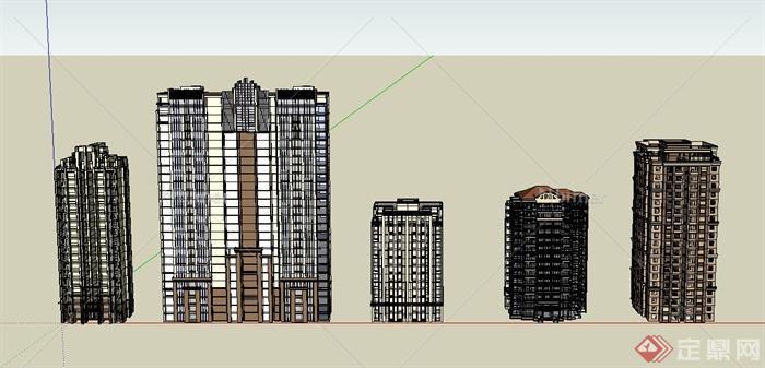 五栋高层与多层欧式风格住宅建筑设计SU模型[原创