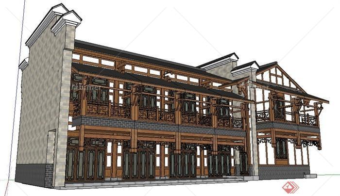 某现代中式二层酒楼建筑设计su模型