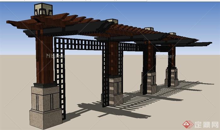 中式风格木制单边廊架设计su模型