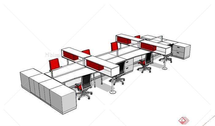 现代八人办公桌设计SU模型[原创]