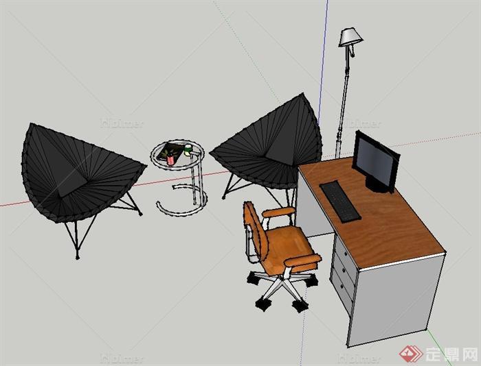 现代室内三角形休闲椅与电脑桌椅设计SU模型