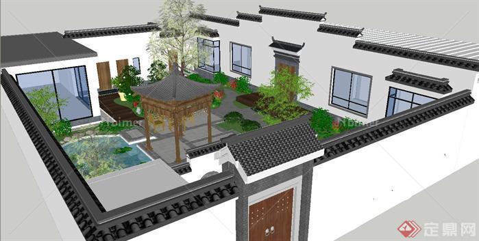 新中式别墅小院落方案SU精致设计模型
