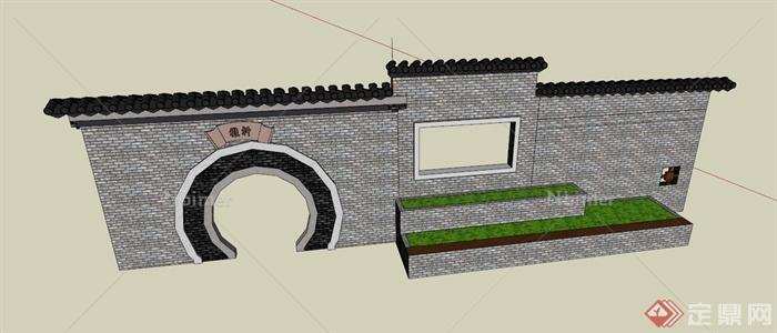 中式拱门景墙围墙设计SU模型