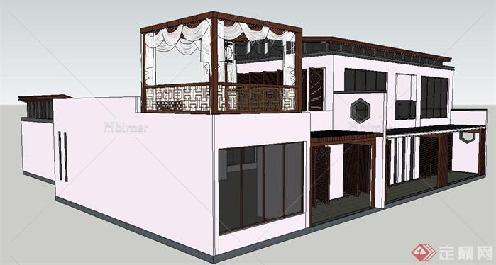 中式禅修风格坡屋顶别墅建筑设计SketchUp(SU)3D