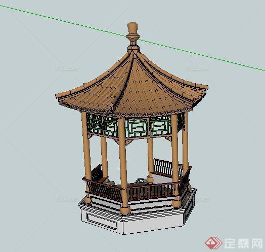 古典中式六角亭设计su模型（含座椅）