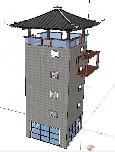 现代中式风格观景塔楼设计su模型