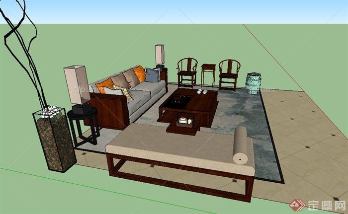 室内沙发茶几、木椅子组合设计SU模型