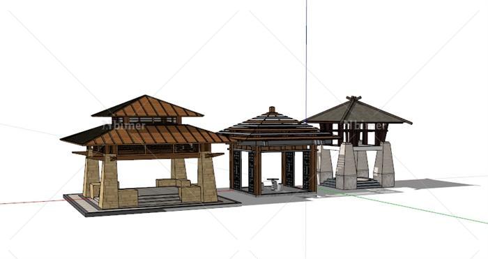现代中式风格三个不同造型凉亭设计su模型[原创]