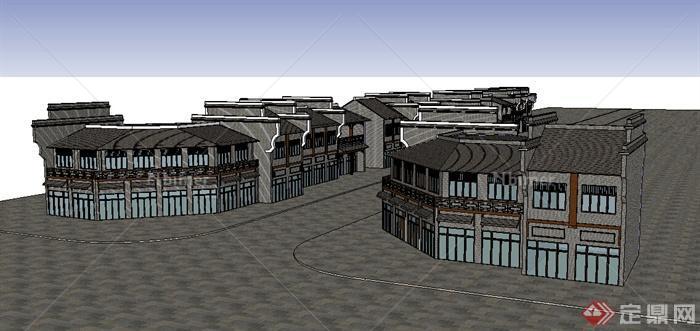 现代中式风格两层商住店铺建筑设计SU模型