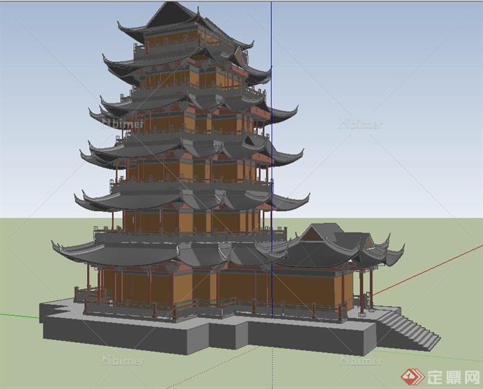 古典中式多层寺庙建筑设计SU模型[原创]