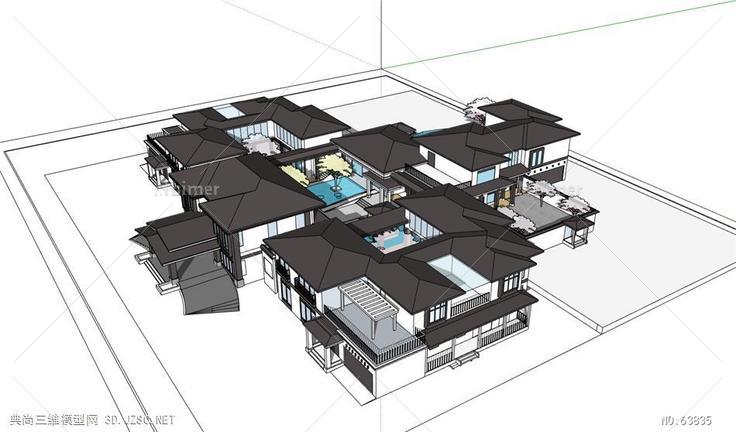 中式四合院会所SketchUp模型-住宅su模型