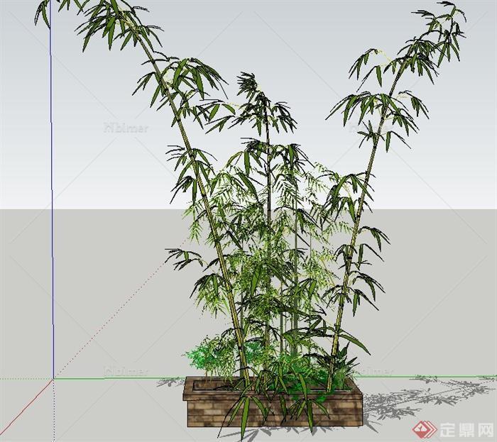 木质方形种植池与竹子设计SU模型