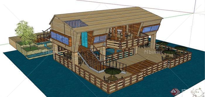 木质沿湖两层别墅会所建筑设计SketchUp模型[原创