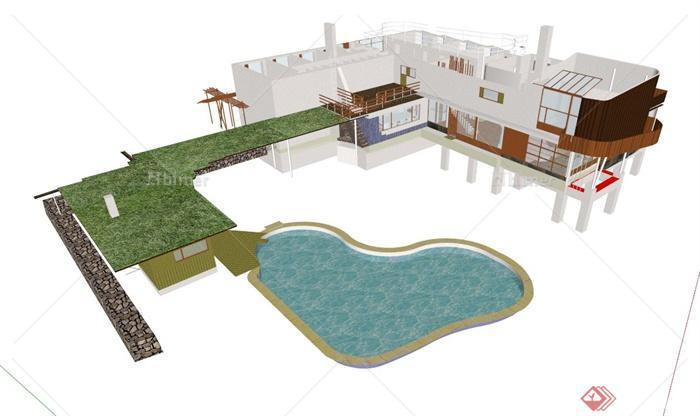 玛利亚别墅建筑设计SU模型（带CAD方案图）