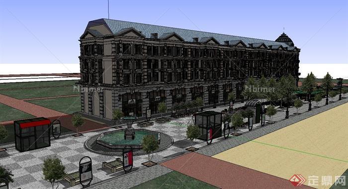 某欧式步行街以及商业楼建筑设计su模型
