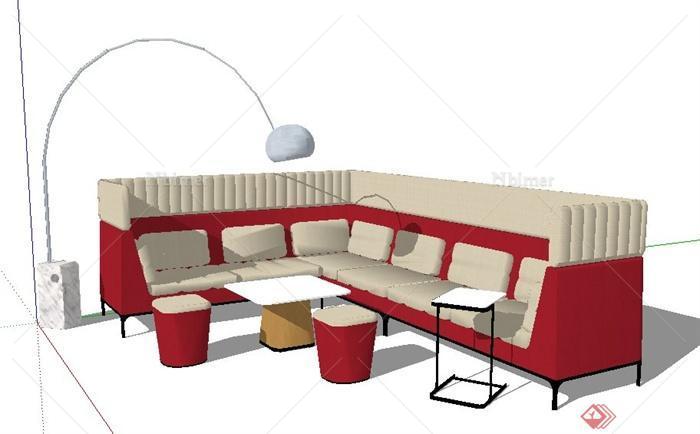 现代简约L型沙发茶几组合su模型
