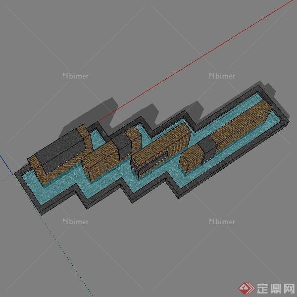 某园林景观入口水景跌水设计SU模型素材