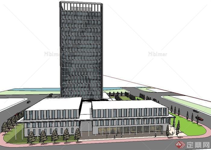 方形地块格子办公楼建筑设计SU模型