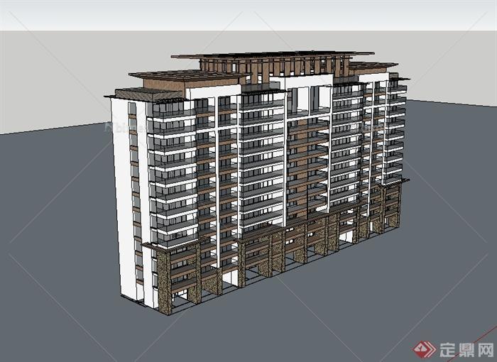 某东南亚风格住宅公寓度假建筑楼设计su模型[原创