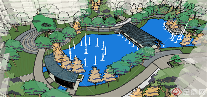 某现代风格居住区中心水景景观设计SU模型素材