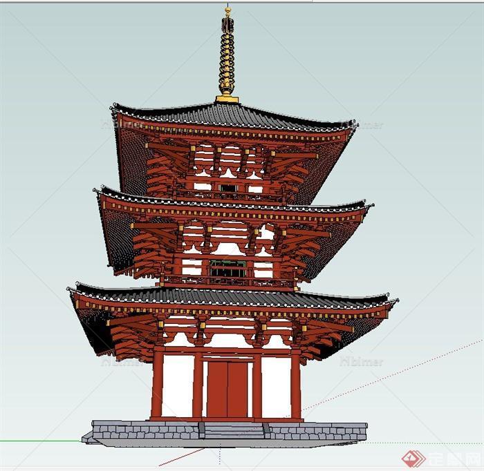 古典中式风格三层塔楼建筑设计SU模型