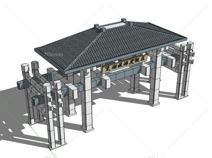 某现代中式风格太湖旅游度假区大门设计su模型[原