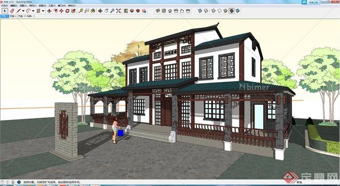 某现代中式风格居住建筑设计SU模型素材