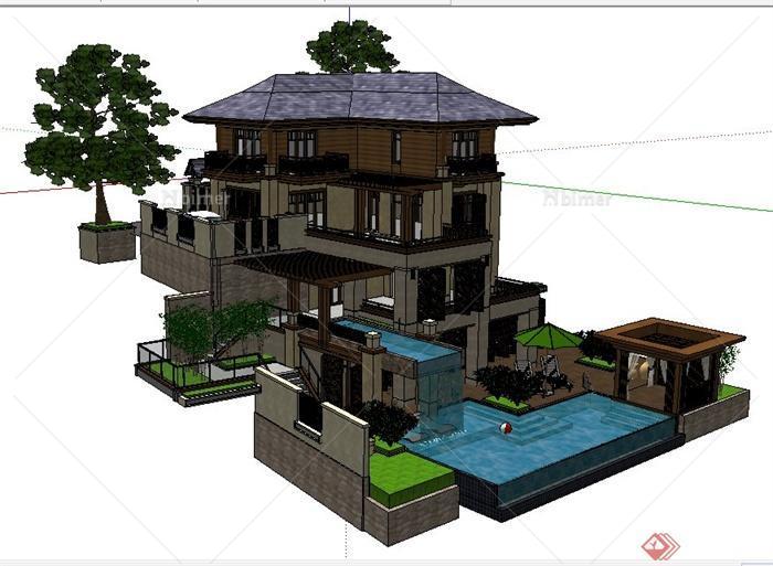 现代中式风格山地别墅住宅建筑设计su模型
