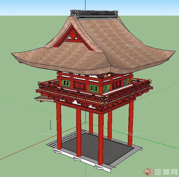 古典中式红色景观亭su模型
