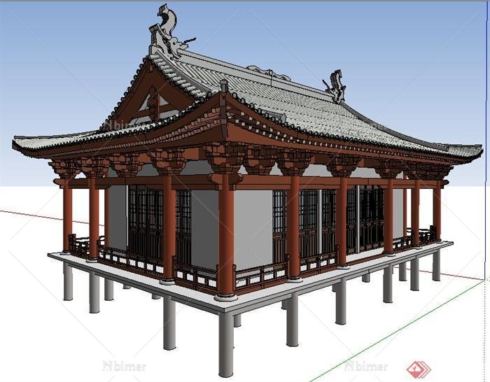 中式风格水中古建筑su模型