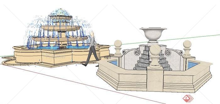 两款新古典风格喷泉水池设计su模型[原创]