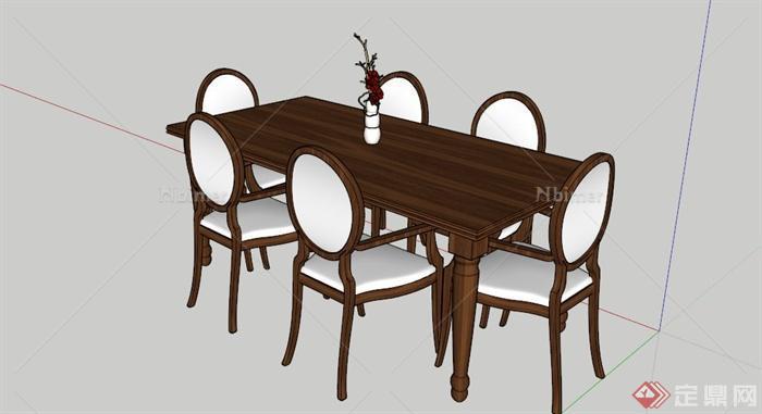 现代中式6人餐桌SU模型