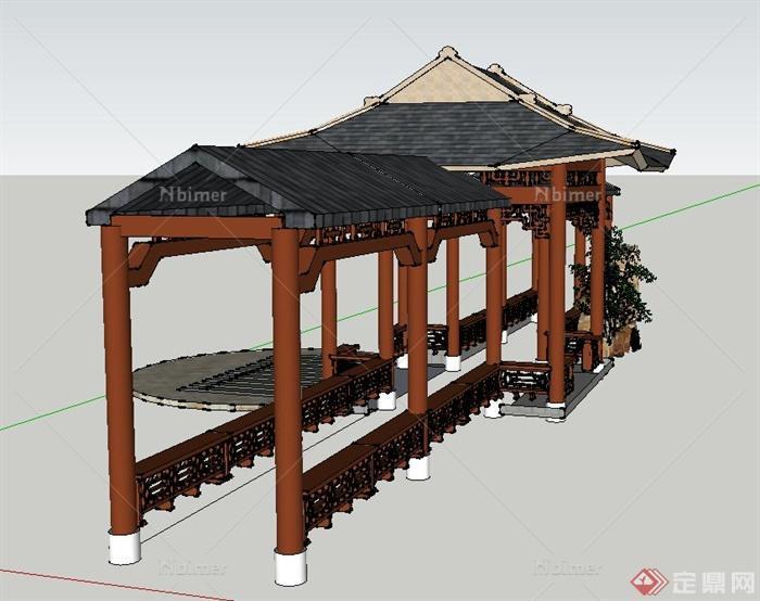 园林景观节点中式木质亭廊组合设计SU模型