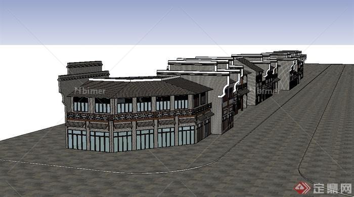 某现代中式风格古镇两层商业楼设计su模型[原创]