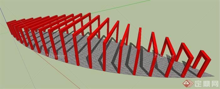 树叶形红色平行廊架设计SU模型[原创]