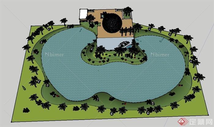 某现代庭院花园景观设计su模型（含水池水景、雕