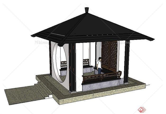 现代中式四角方亭su模型